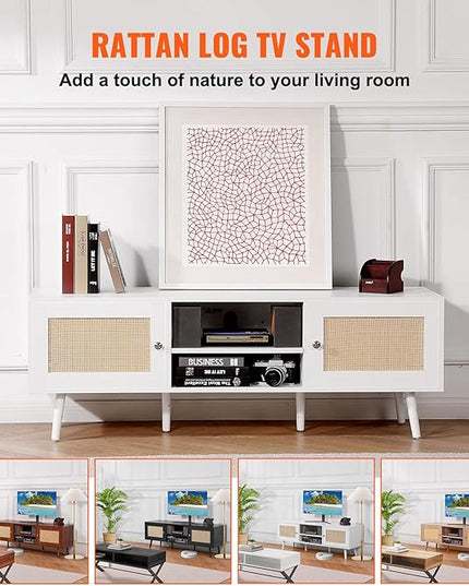 VEVOR Rattan TV Stand for 65 inch TV, Boho TV Stand with Rattan Door, Entertainment Center with Build-in Socket and USB Ports, Modern TV Console for Living Room, Media Room, White - LeafyLoom