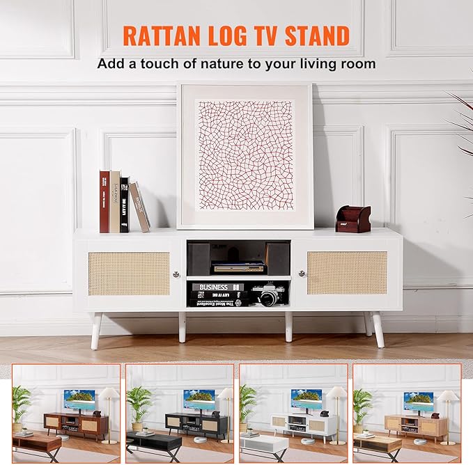 VEVOR Rattan TV Stand for 65 inch TV, Boho TV Stand with Rattan Door, Entertainment Center with Build-in Socket and USB Ports, Modern TV Console for Living Room, Media Room, White - LeafyLoom