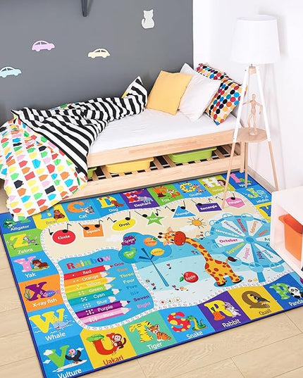 Chicrug Educational Kid Area Rug for Playroom, 4x6 Feet TPR Non Slip Kids Classroom Carpet Rug for Learning ABC Animal, Shape Color Fruit, Washable Play Mat Rug for Children Nursery Toddler Room Decor - LeafyLoom