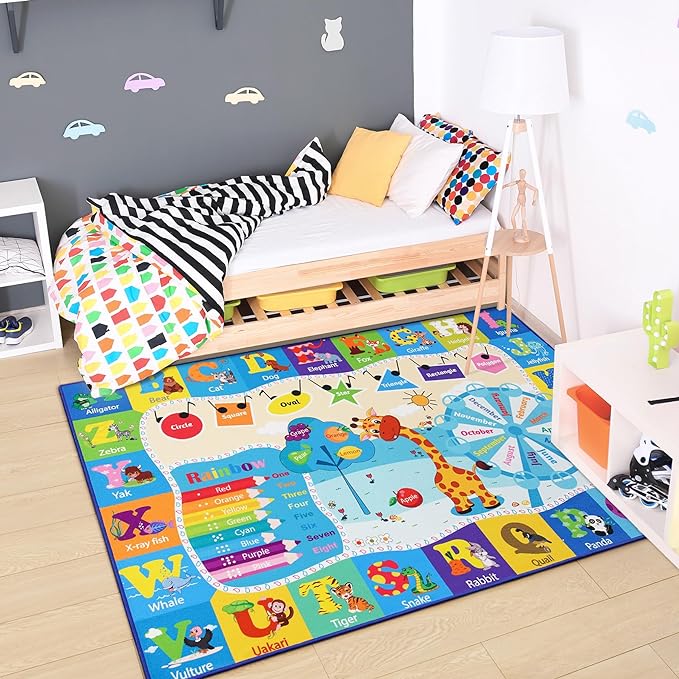 Chicrug Educational Kid Area Rug for Playroom, 4x6 Feet TPR Non Slip Kids Classroom Carpet Rug for Learning ABC Animal, Shape Color Fruit, Washable Play Mat Rug for Children Nursery Toddler Room Decor - LeafyLoom