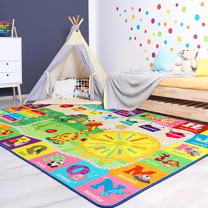 Kids Rug Play Mat Carpet Educational and Fun Playroom Rugs with ABC Alphabet Animals Shapes 3x5 Area Rug Learning Rugs for Bedroom Classroom Baby Toddler Children - LeafyLoom