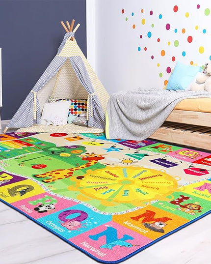 Kids Rug Cute Playroom Rug with ABC Alphabet Animals Classroom Rug Educational and Fun 4x6 Area Rugs for Baby Toddler Children Learning Girls Boys Bedroom Nursery Rug Washable - LeafyLoom