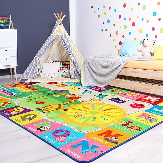 Kids Rug Cute Playroom Rug with ABC Alphabet Animals Classroom Rug Educational and Fun 4x6 Area Rugs for Baby Toddler Children Learning Girls Boys Bedroom Nursery Rug Washable - LeafyLoom