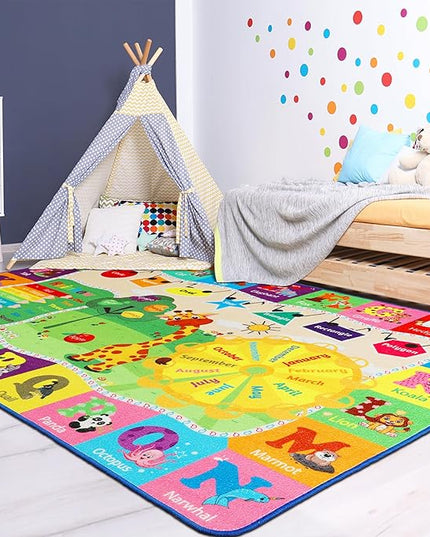 Playroom Rug Baby Play Mat for Floor ABC Rug for Kids Educational and Fun Playmat with Alphabet Animals Shapes Colors 5x7 Area Rug Learning Rugs for Toddler Children Game Activity - LeafyLoom