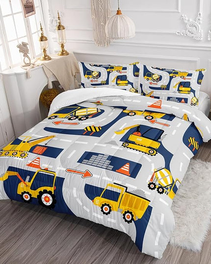 Axolotl Cartoon Excavator Bedding Set Full,Tractor Truck Bedding Set,Boys Construction Bedding Set,Yellow Vehicles Truck Comforter Construction Site Decor for Kids Boys Teens,1 Quilt 2 Pillowcases - LeafyLoom