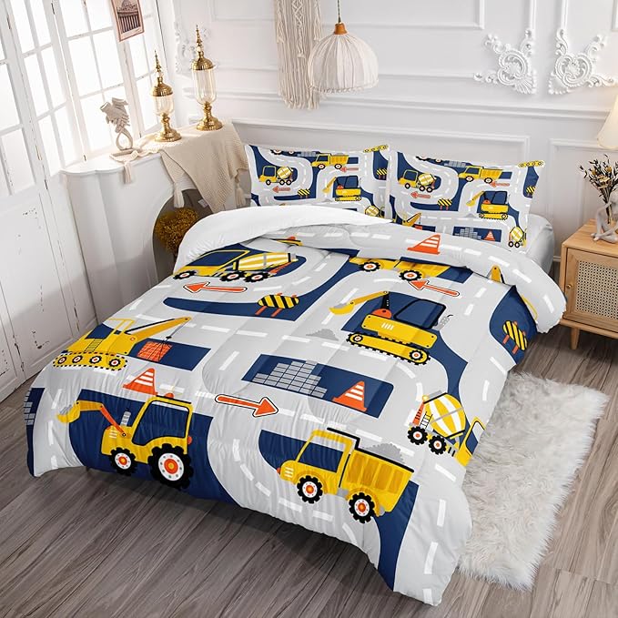 Axolotl Cartoon Excavator Bedding Set Full,Tractor Truck Bedding Set,Boys Construction Bedding Set,Yellow Vehicles Truck Comforter Construction Site Decor for Kids Boys Teens,1 Quilt 2 Pillowcases - LeafyLoom