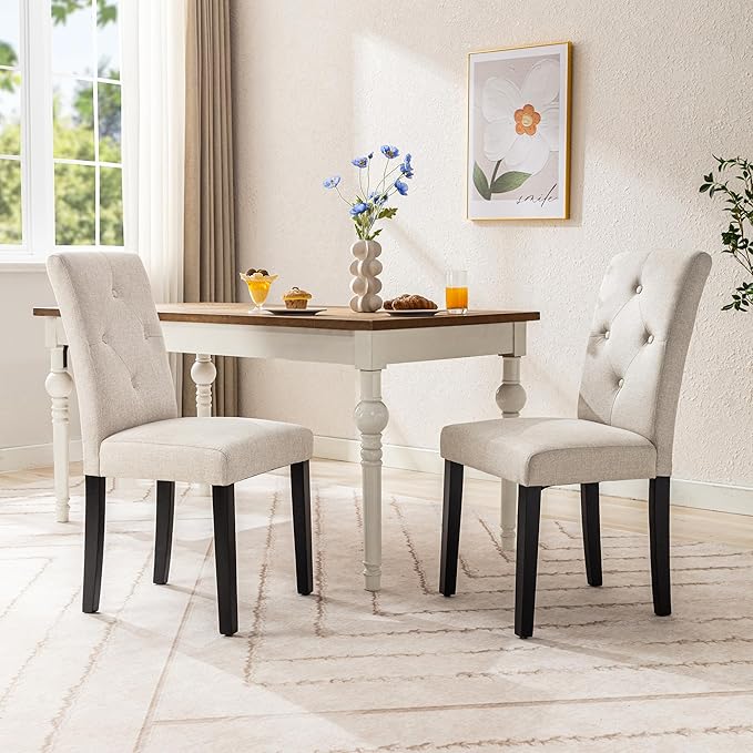 VECELO Upholstered Dining Chairs Set of 4 Modern Fabric and Solid Wood Legs & High Back, Parsons for Kitchen/Living Room-Beige - LeafyLoom
