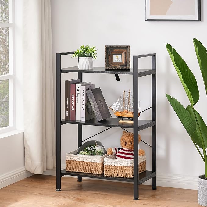 BEWISHOME 3 Tier Bookshelf, Modern Small Book Shelf for Small Spaces, Black Wooden Shelves for Bedroom Living Room and Home Office, 13.78" D x 24.12" W x 37.09" H, JCJ42B - LeafyLoom