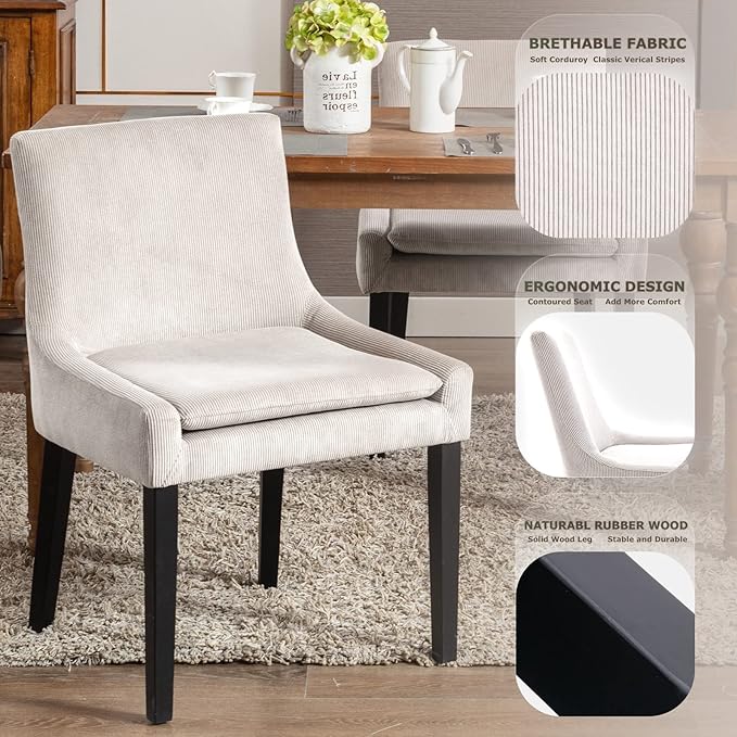 COLAMY Modern Dining Chairs Set of 4, Upholstered Corduroy Accent Side Leisure Chairs with Mid Back and Wood Legs for Living Room/Dining Room-Beige - LeafyLoom