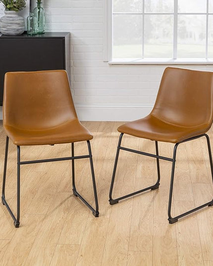Walker Edison Douglas Urban Industrial Faux Leather Armless Dining Chairs, Set of 2, Whiskey Brown - LeafyLoom