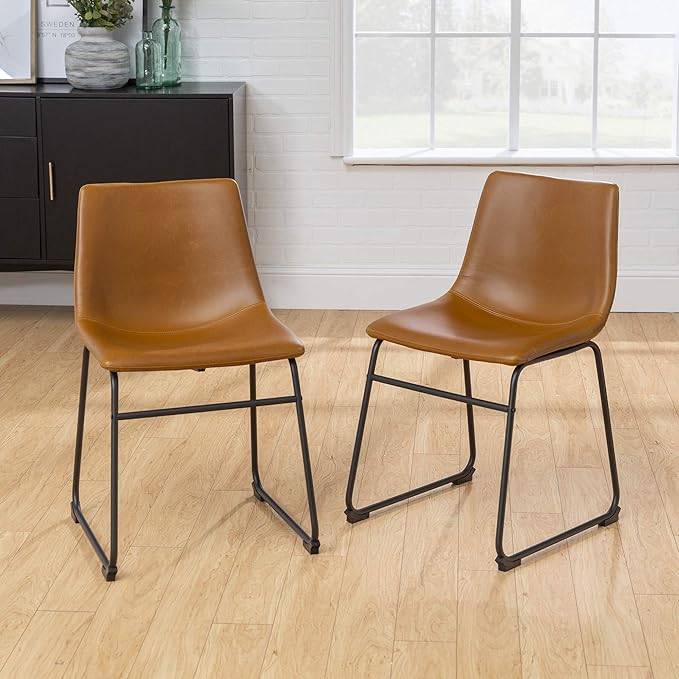 Walker Edison Douglas Urban Industrial Faux Leather Armless Dining Chairs, Set of 2, Whiskey Brown - LeafyLoom
