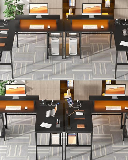 Unikito L Shaped Desk, Reversible Corner Computer Desk with Magic Power Outlets and Smart LED Light, Unique Grid Design, 55 Inch Office Desk with Monitor Stand and Storage Shelf, Black - LeafyLoom