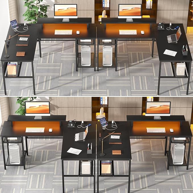 Unikito L Shaped Desk, Reversible Corner Computer Desk with Magic Power Outlets and Smart LED Light, Unique Grid Design, 55 Inch Office Desk with Monitor Stand and Storage Shelf, Black - LeafyLoom