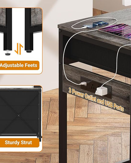 Unikito Computer Desk with 5 Drawers, Reversible Home Office Desk with Power Outlets, Sturdy Writing Desk with File Cabinet and Printer Stand, Vanity Desk with Storage for Small Space, Black Oak - LeafyLoom
