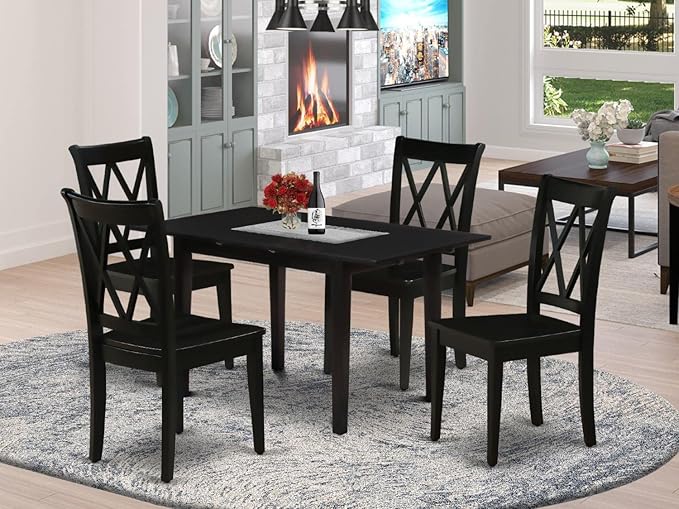 East West Furniture NOCL5-BLK-W 5 Piece Dining Table Set for 4 Includes a Rectangle Kitchen Table with Butterfly Leaf and 4 Dinette Chairs, 32x54 Inch, Black - LeafyLoom