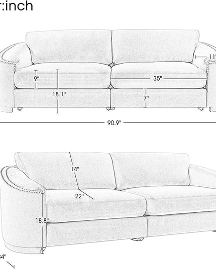 Morden Stylish 3-Seat Upholstered Couch Linen Fabric Nailhead Decor Sofa&Couch with Thicker Cushions and Armrests for Home Office Apartment Living Room, 91", Gray-337 - LeafyLoom
