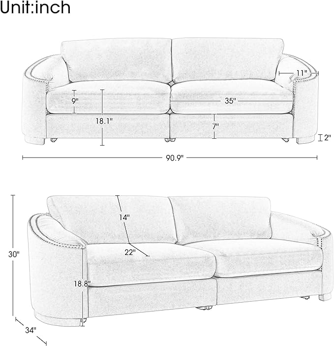 Morden Stylish 3-Seat Upholstered Couch Linen Fabric Nailhead Decor Sofa&Couch with Thicker Cushions and Armrests for Home Office Apartment Living Room, 91", Gray-337 - LeafyLoom