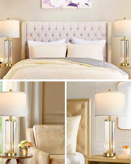 QiMH Gold Table Lamps for Bedroom Set of 2 with Nightlight, Modern Bedside Lamp with 2 USB Charging Port, Clear Nightstand Lamp for Living Room White Shade Home Light Decor(LED Bulbs Included) - LeafyLoom