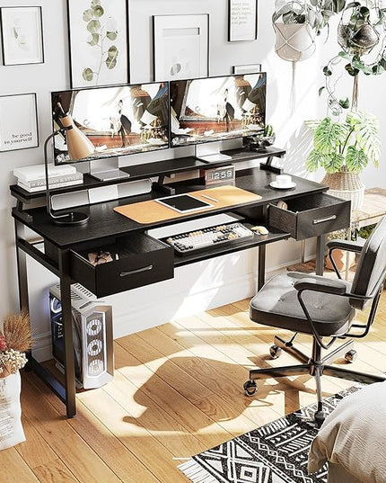 ODK Computer Desk Study Table, 55 Inch Office Desk with Drawers and Keyboard Tray, Study Desk Work Desk with Monitor Shelf, Writing Desk with Storage for Home Office, Black - LeafyLoom