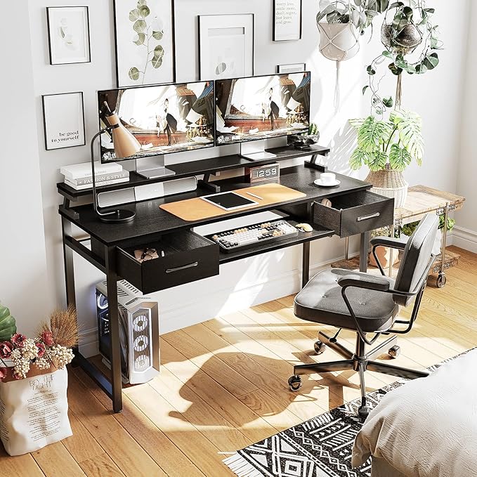 ODK Computer Desk Study Table, 55 Inch Office Desk with Drawers and Keyboard Tray, Study Desk Work Desk with Monitor Shelf, Writing Desk with Storage for Home Office, Black - LeafyLoom