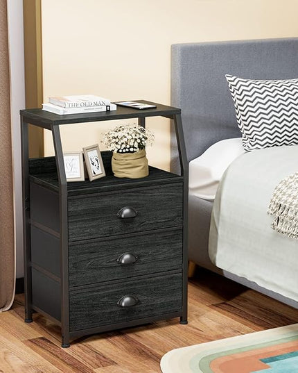 Furnulem Black Dresser for Bedroom, Small Nightstand with 3 Fabric Storage Drawers and 2-Tier Shelf, End Table Side Furniture for Closet, Hallway, Nursery, Sturdy Steel Frame, Wood Top (Black Oak) - LeafyLoom