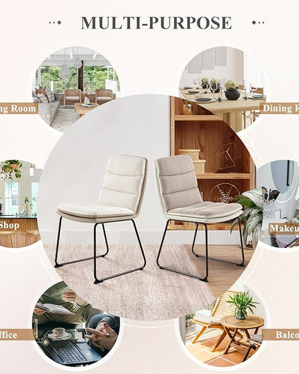 COLAMY Dining Chairs Set of 2, Modern Waffle Dining Chair, Leather Chairs with Metal Legs for Dining Room Living Room Kitchen Coffee Shop, Cream - LeafyLoom