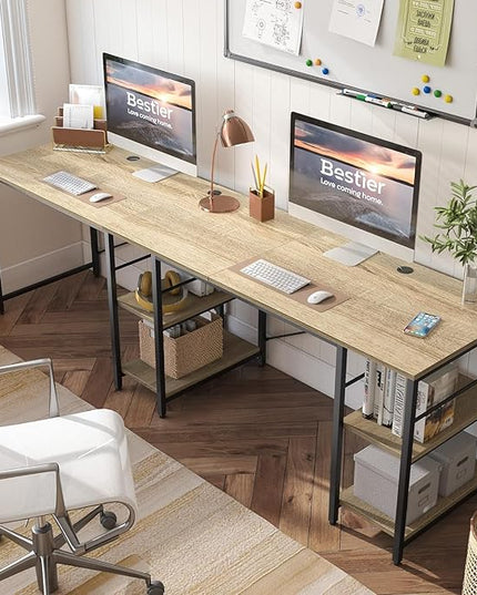 Bestier 95.2” L Shaped Desk, Reversible Corner Computer Desk or 2 Person Long Table with Adjustable Shelves, Large Writing Study Workstation with 3 Cable Holes - Oak - LeafyLoom