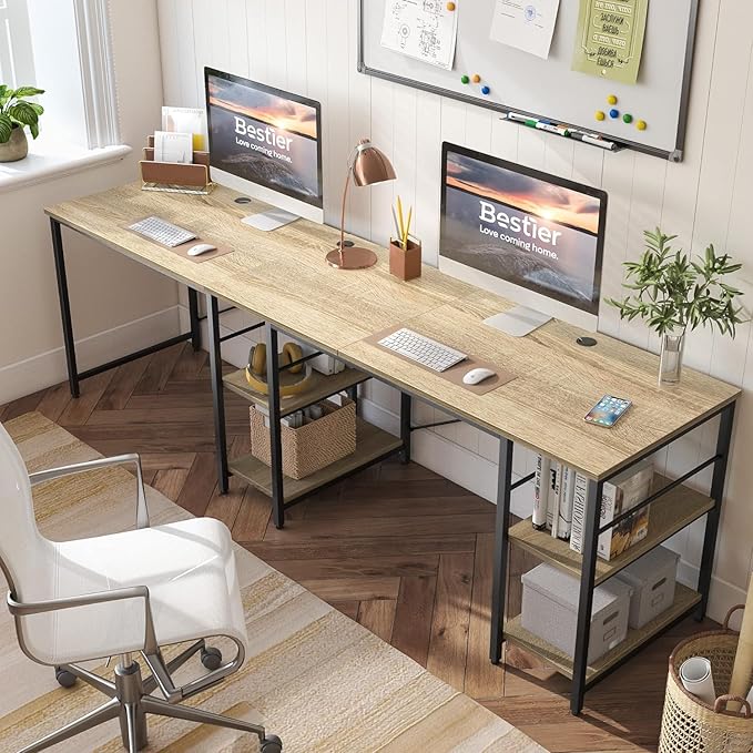 Bestier 95.2” L Shaped Desk, Reversible Corner Computer Desk or 2 Person Long Table with Adjustable Shelves, Large Writing Study Workstation with 3 Cable Holes - Oak - LeafyLoom