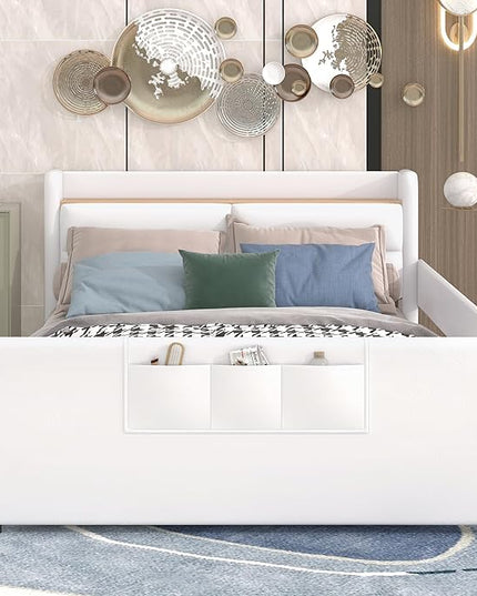 Full Size PU Upholstered Platform Storage Headboard,Footboard and 3 Pockets,Bedroom Solid Wood Bed Frame w/Security Guardrail & Slat Support,for Kids,Teen,Boys,Girls,Beige - LeafyLoom