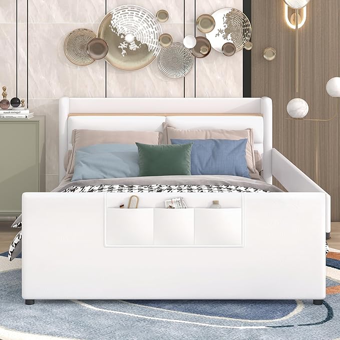 Full Size PU Upholstered Platform Storage Headboard,Footboard and 3 Pockets,Bedroom Solid Wood Bed Frame w/Security Guardrail & Slat Support,for Kids,Teen,Boys,Girls,Beige - LeafyLoom