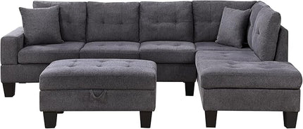 102" Wide Reversible Sectional Sofa L Shaped Upholstered Couch with Dropdown Armrest & Cupholders, Charging Ports, Storage Ottoman and Pillows for Living Room Apartment, Dark Gray - LeafyLoom