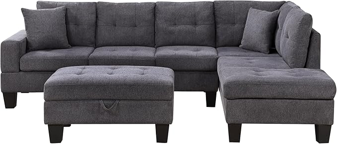 102" Wide Reversible Sectional Sofa L Shaped Upholstered Couch with Dropdown Armrest & Cupholders, Charging Ports, Storage Ottoman and Pillows for Living Room Apartment, Dark Gray - LeafyLoom