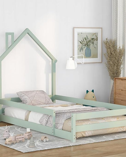 Bellemave Twin Size House-Shaped Headboard Floor Bed with Fences, Wooden Montessori Bed for Kids,House Bed Twin Frame for Girls,Boys (Light Green) - LeafyLoom