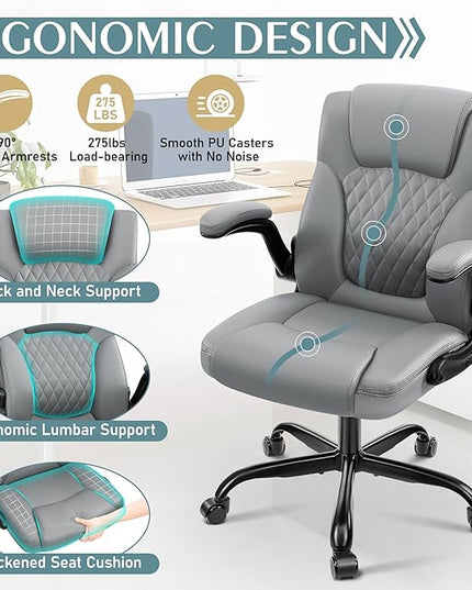 Leather Office Chair, PU Home Computer Desk Chairs with Ergonomic Back Support, 360°Swivel Free，Small Gmaing Chair with Wheels and Adjustable Armrests, for Short People Use, Gray - LeafyLoom