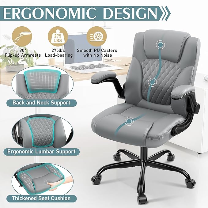 Leather Office Chair, PU Home Computer Desk Chairs with Ergonomic Back Support, 360°Swivel Free，Small Gmaing Chair with Wheels and Adjustable Armrests, for Short People Use, Gray - LeafyLoom
