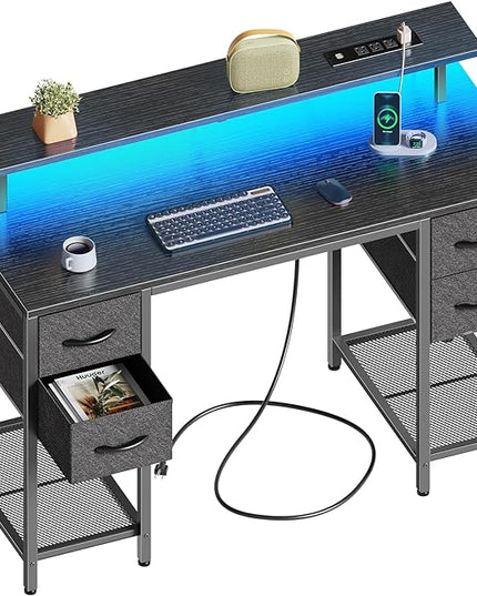 47 inch Computer Desk with 4 Drawers, Gaming Desk with LED Lights & Power Outlets, Home Office Desk with Large Storage Space for Bedroom, Work from Home, Black - LeafyLoom