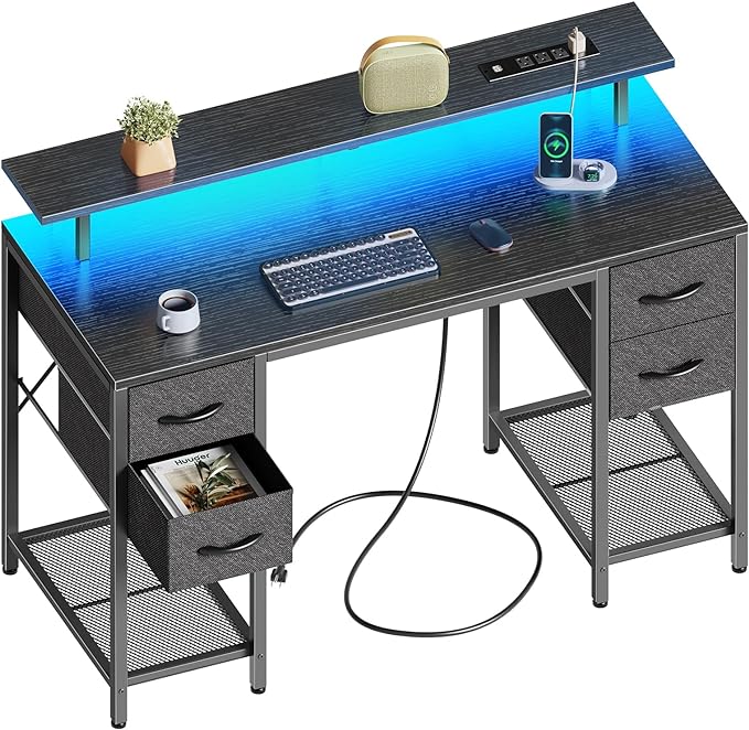 47 inch Computer Desk with 4 Drawers, Gaming Desk with LED Lights & Power Outlets, Home Office Desk with Large Storage Space for Bedroom, Work from Home, Black - LeafyLoom