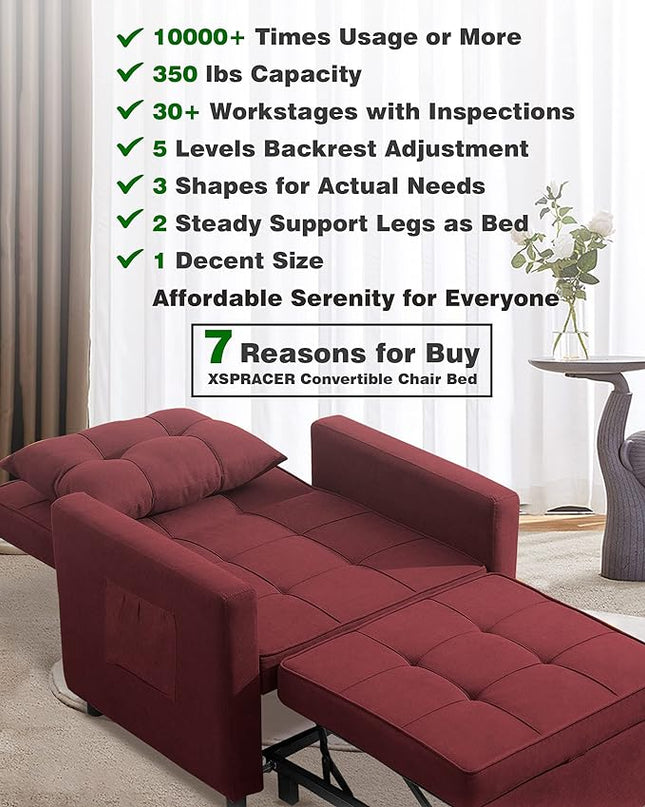 XSPRACER [UPDATED] Convertible Chair Bed, Sleeper Chair Bed 3 in 1, Stepless Adjustable Backrest,Armchair, Sofa, Bed, Fleece, Red, Single One - LeafyLoom