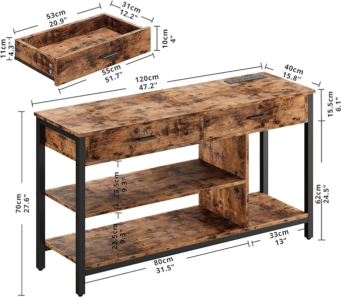 IRONCK TV Stand LED Lights, Entertainment Center with Power Outlet for 55 Inch TV, Industrial TV Console with Media Storage Shelf and 2 Large Drawers,for Bedroom/Living Room, Vintage Brown - LeafyLoom