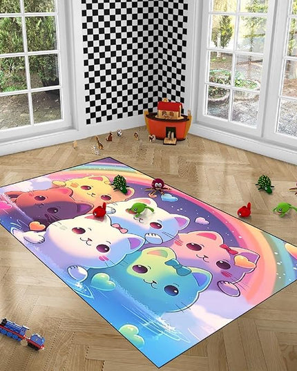 Rainbow Cat Rug for Girls - Colorful Cat Rug for Kids Bedroom Cute Cartoon Cat Pattern Rug Lovely Cat Rugs Room Decor Anime Cat Area Rug, 2.5x4 Feet - LeafyLoom