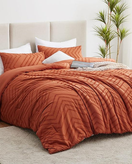 CozyLux Full Size Comforter Set Burnt Orange - 3 Pieces Terracotta Boho Tufted Shabby Chic Bedding Comforter Set for All Seasons, Chevron Bedding Sets with Comforter & 2 Pillow Shams - LeafyLoom