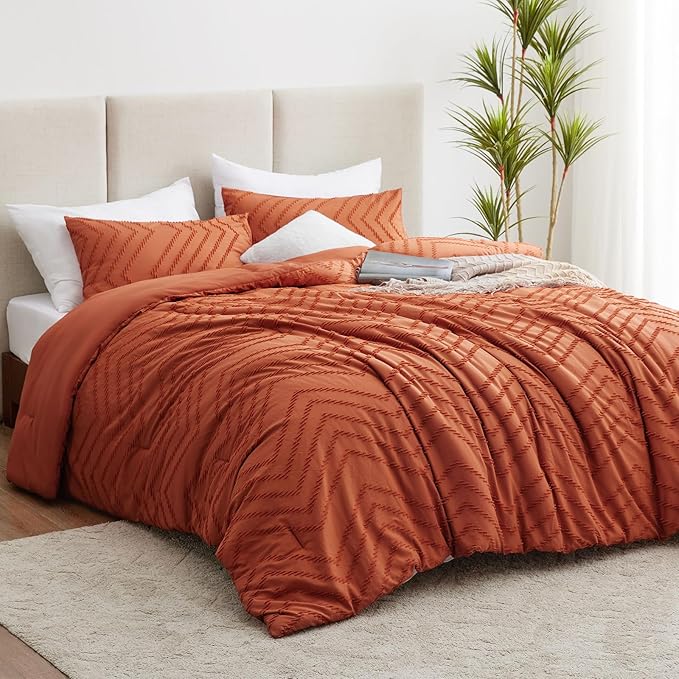 CozyLux Full Size Comforter Set Burnt Orange - 3 Pieces Terracotta Boho Tufted Shabby Chic Bedding Comforter Set for All Seasons, Chevron Bedding Sets with Comforter & 2 Pillow Shams - LeafyLoom