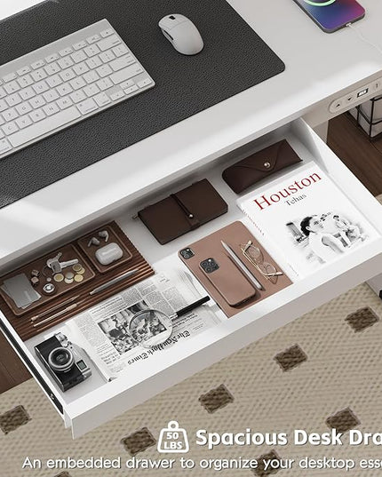 Electric Standing Desk with Drawer, 48 x 24 inches with Preassembled Top & USB Charging Ports, Height Adjustable for Home & Office, White - LeafyLoom