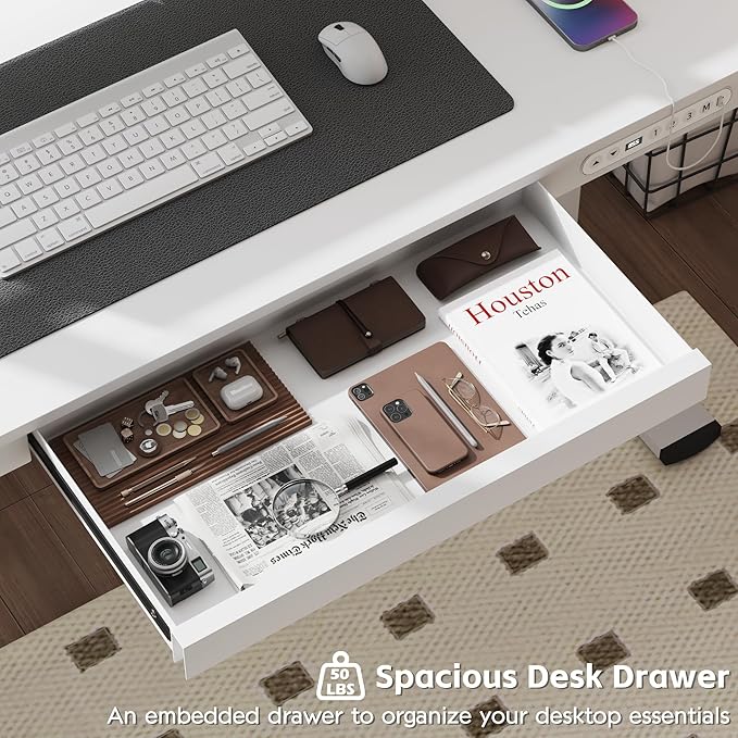 Electric Standing Desk with Drawer, 48 x 24 inches with Preassembled Top & USB Charging Ports, Height Adjustable for Home & Office, White - LeafyLoom