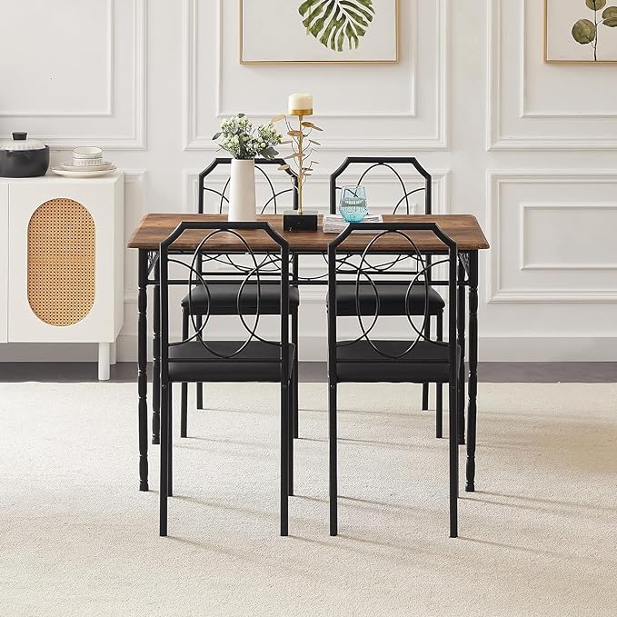 VECELO 5 Pieces Sets,43.3" Table&Chairs for 4,Industrial Counter Height Tabletop with Bar Stools, Rectangle Breakfast Chairs, Living Room, Apartment, Dining Table for 4, Brown 1 - LeafyLoom