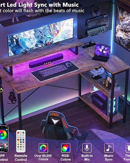 Homieasy L Shaped Gaming Desk with Power Outlet & LED Light, 55 Inch Computer Desk with Storage Shelves, Reversible Corner Desk with Monitor Stand Headset Hooks for Home Office, Rustic Brown - LeafyLoom