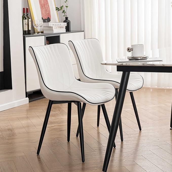 YOUTASTE White Dining Chairs Set of 2 Upholstered Mid Century Modern Kitchen Dining Room Chairs Armless Faux Leather Accent Chairs Metal Vanity Lounge Chair with Back for Living Room Bedrooms - LeafyLoom