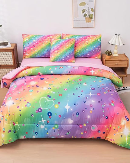 Full Size Comforter Sets for Girls, Kids Bedding Sets for Girls, Rainbow Comforter Full, 6 Pcs Bed in a Bag Girls (1Comforter, 1Flat Sheet, 1Fitted Sheet, 1 Pillow Cover, 2Pillowcases) - LeafyLoom