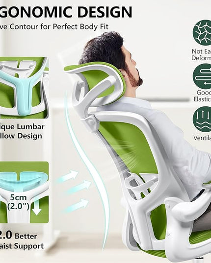 FelixKing Premium Ergonomic Office Chair with Adjustable Headrest, Thickened 90° Flip Armrests, and Lumbar Support – Height Adjustable | Ideal for Home Office Desks and Workstations | Green - LeafyLoom