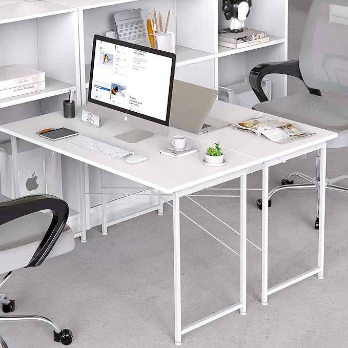 HealSmart Home Office Computer Desk, Modern Style Design with Headphone Hooks for Working, Writing and Gaming, 32 Inch, 47 Inches, White - LeafyLoom
